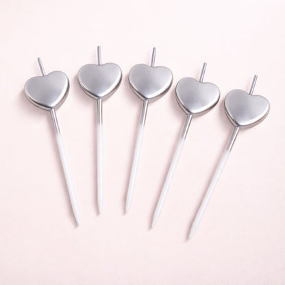 Glossy Silver Heart Shape Candle on Stick - 5PC