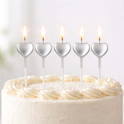 Glossy Silver Heart Shape Candle on Stick - 5PC