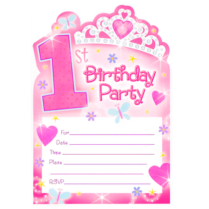 Happy 1st Birthday Princess Pink Invites  - 14PC