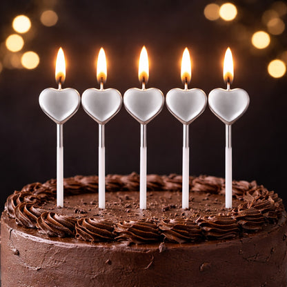Glossy Silver Heart Shape Candle on Stick - 5PC