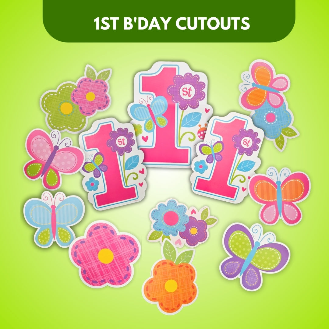 Sweet 1st B'day Butterfly & Flowers Cutouts for Kids- 12PC