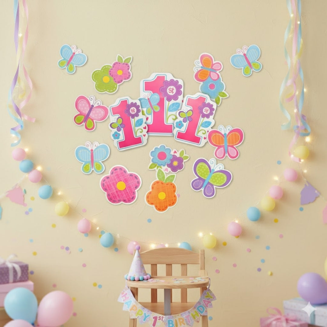Sweet 1st B'day Butterfly & Flowers Cutouts for Kids- 12PC