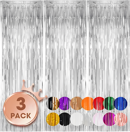 3Pcs Silver Metallic Tinsel Foil Fringe Curtains, 3.28ft x 6.56ft Silver Photo Booth Backdrop Streamer Curtain, Great for Bachelorette, Birthday,Christmas, New Year Party Decorations