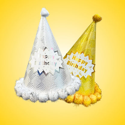 Happy Birthday Party Hats w/ Shiny Checkered Print & Pom Pom - 2PC