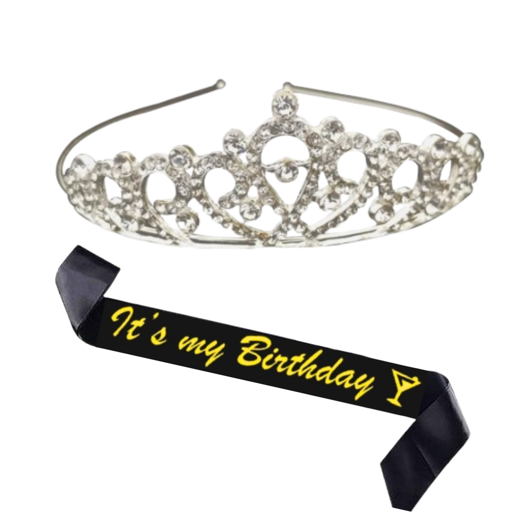 Its My Birthday Black Sash & Crown w/ Rhinestone Combo - 2PC