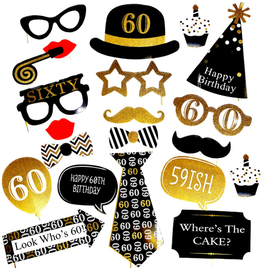 60th Birthday Photo Booth Props Gold & Black - 20Pc