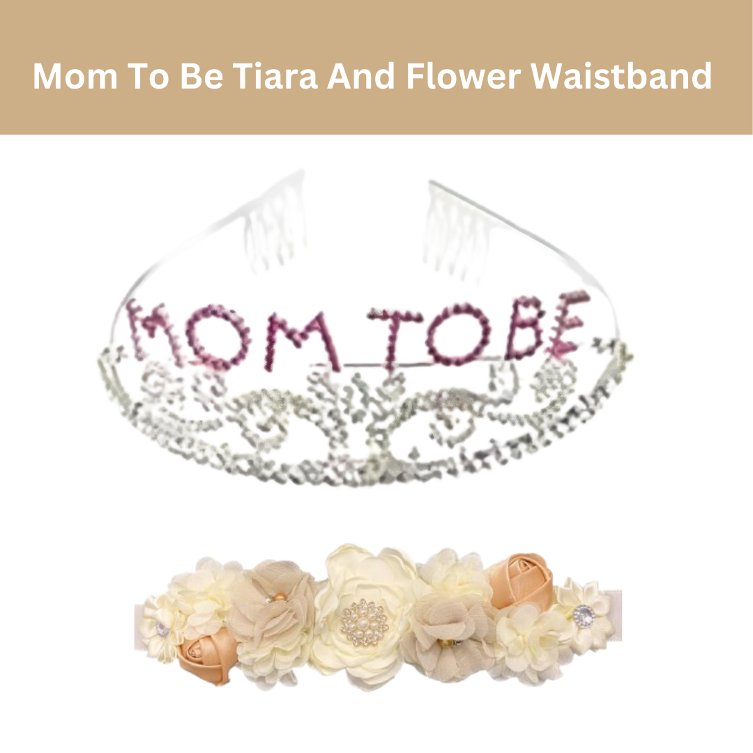 Mom To Be Crown with Pink & Silver Rhinestone and Floral Waistband Combo - Set of 2PC