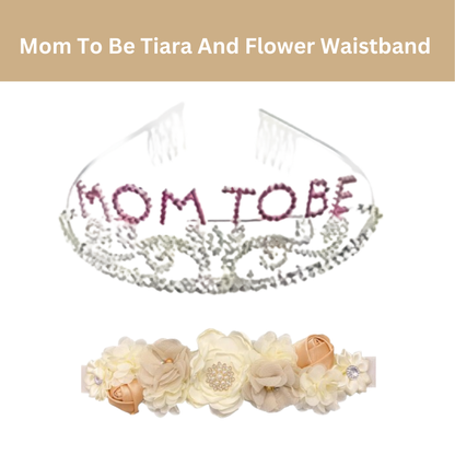 Mom To Be Crown with Pink & Silver Rhinestone and Floral Waistband Combo - Set of 2PC