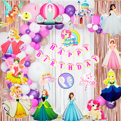 Princess Theme Happy Birthday Balloon Garland & Banner Comobo -  Set of 71PC