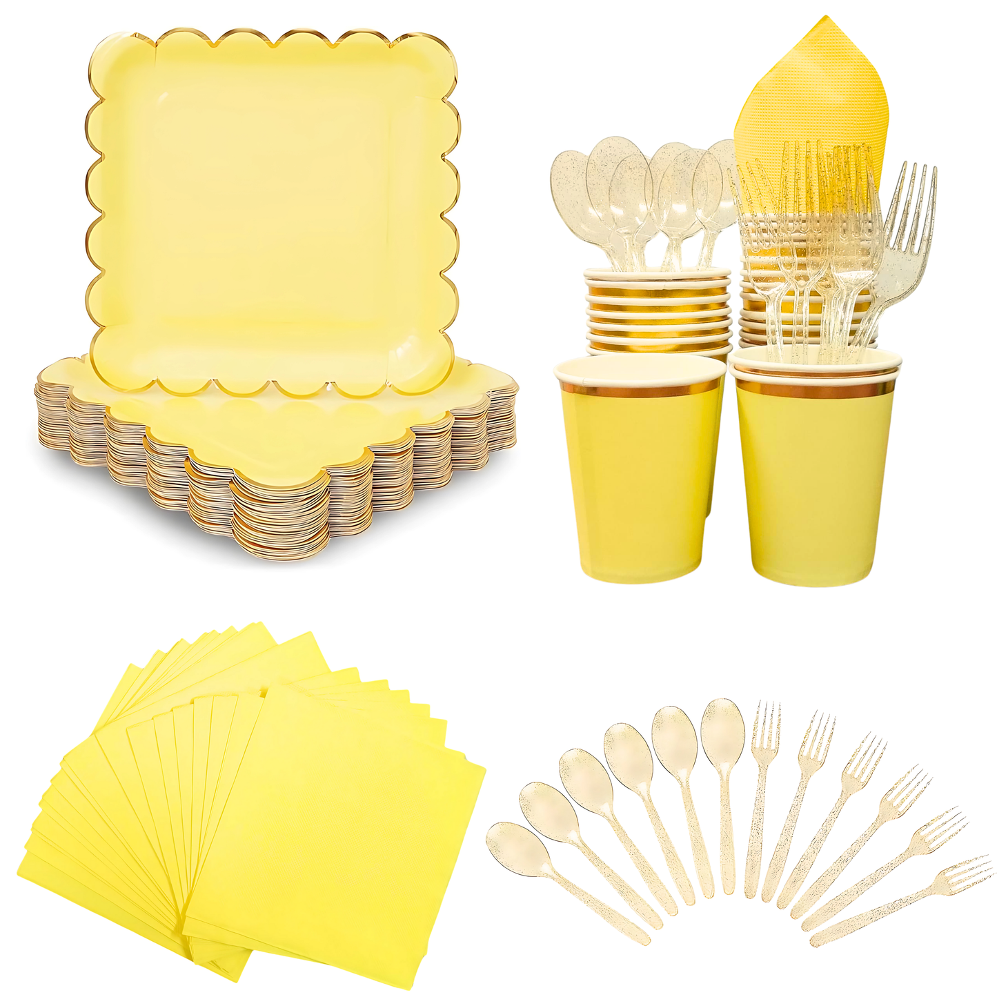 Yellow Party Tableware Combo with Plates, Tissues, Cups, Spoons and Forks - 64PC - Serves Upto 10 Pax