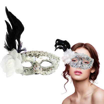 Silver Sequin Eye Mask with White Flower