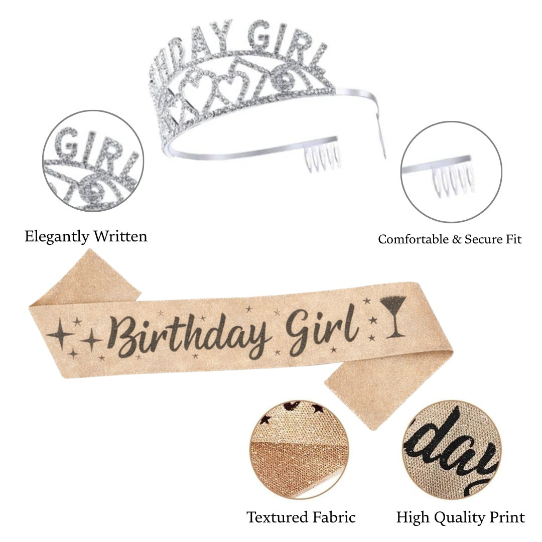 Birthday Girl Sash And Birthday Girl Crown - Pack of 2 Pcs  Silver Birthday Sash for Girls | Birthday Crowns for Girls