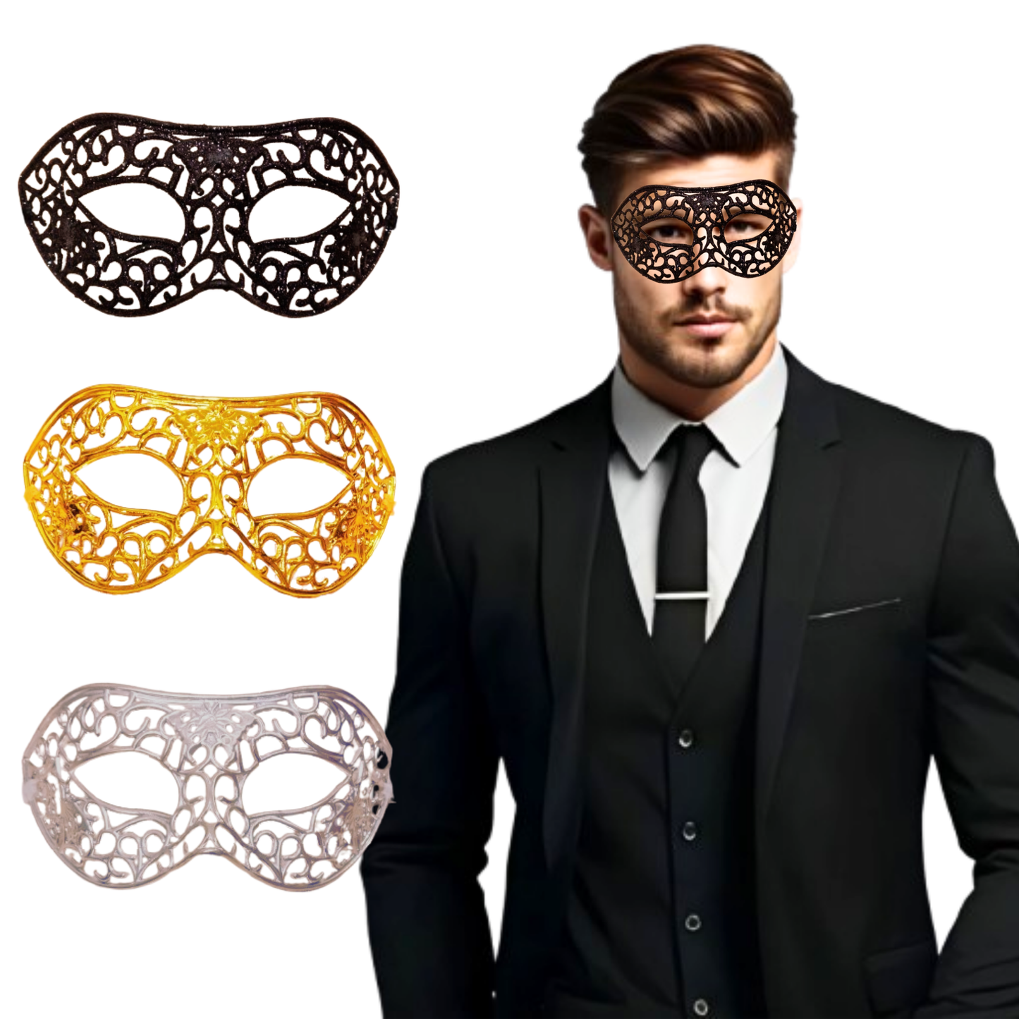 Masquerade Black, Golden & Silver Mask Set for Men - 3PC