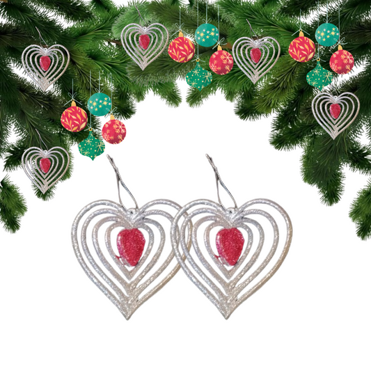 CTO 3D Silver & Pink Heart Hanging Christmas Decorations - 2pc