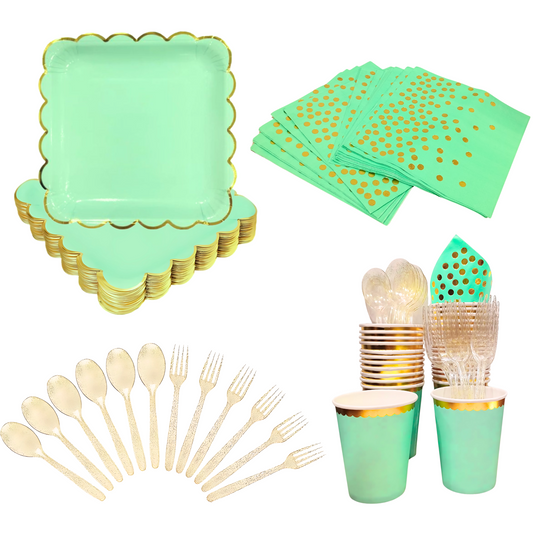 Wanna Party 64 Pieces Mint Green Tableware Party Supplies - Elegant Mint Green Party Tableware Set with Paper Plates, Gold Foil Polka Dot Napkins, Paper Cups, Spoons and Forks for Birthdays, Weddings, Bridal Showers, Baby Showers - Serves 10