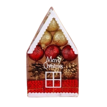 Christmas House Cutout w/ Christmas Golden Sparkly Balls and Gift Decor Combo - 12PC