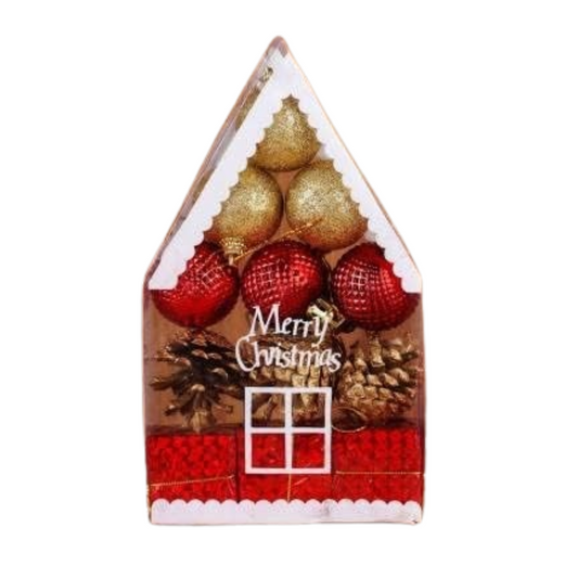 Christmas House Cutout w/ Christmas Golden Sparkly Balls and Gift Decor Combo - 12PC