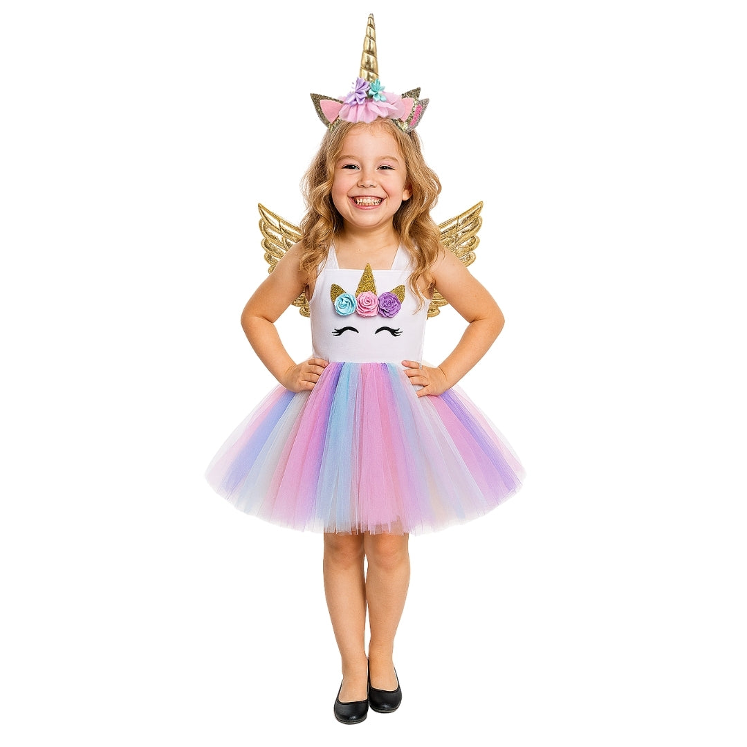 Unicorn Girls Costume w/Hair Band and Wings - Size S - Age 3 to 5