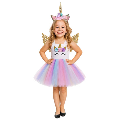Unicorn Girls Costume w/Hair Band and Wings - Size S - Age 3 to 5