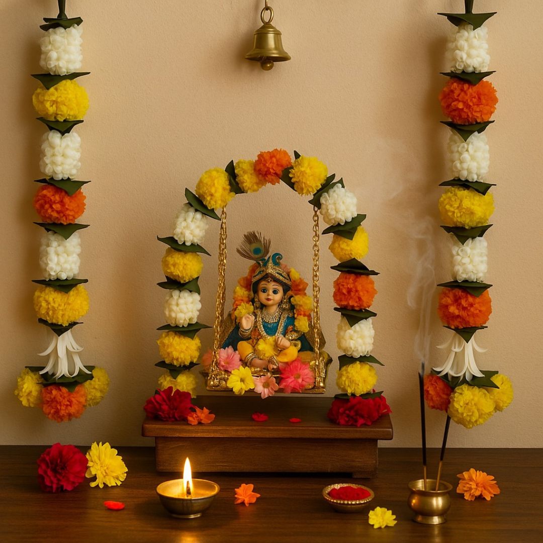 Artificial Orange & Yellow Marigold Flower with White Mogra and Folded Mango Leaves - 2PC