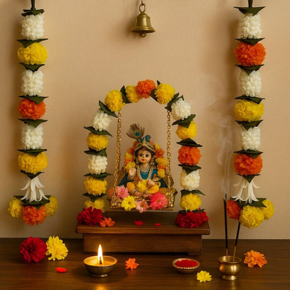 Artificial Orange & Yellow Marigold Flower with White Mogra and Folded Mango Leaves - 2PC