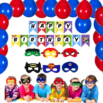 Superhero Themed Birthday Party Set Up with Maks & Multicolor Balloons - 27PC