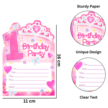 Happy 1st Birthday Princess Pink Invites  - 14PC