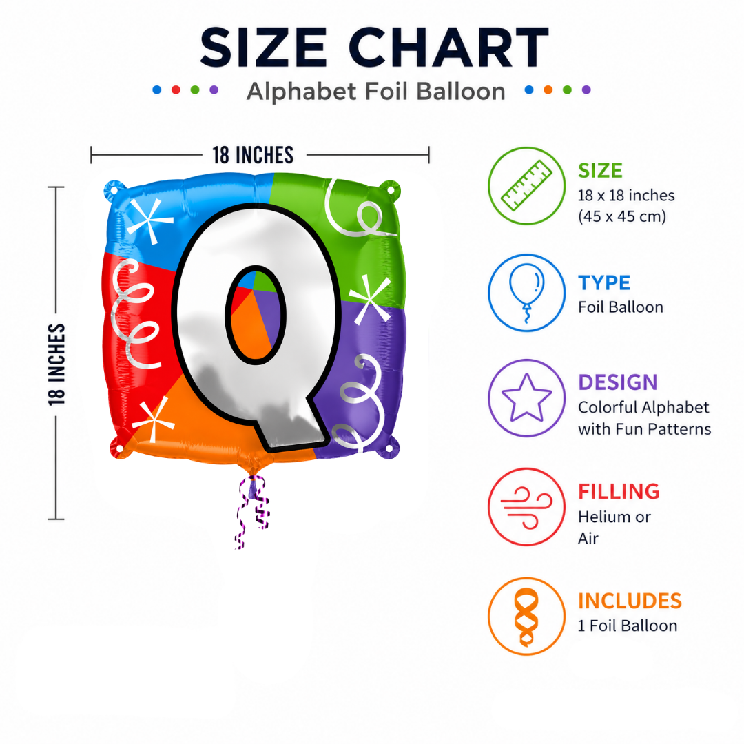 Alphabet "Q" Printed Square Shaped Balloon Helium Supported for Birthday Boy/Girl Name Initiatls - 18 inches