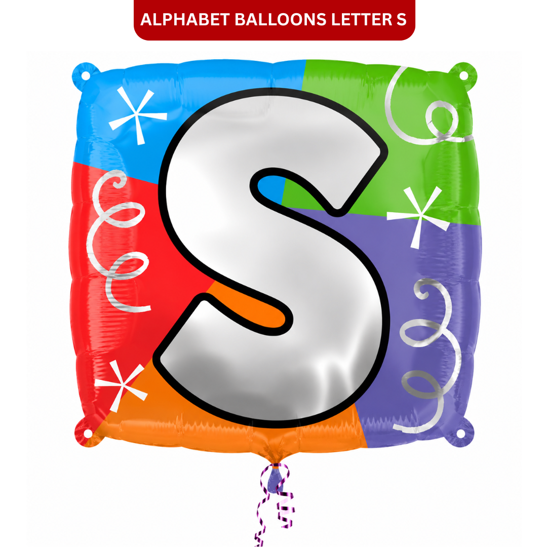 Alphabet "S" Printed Square Shaped Balloon Helium Supported for Birthday Boy/Girl Name Initiatls - 18 inches