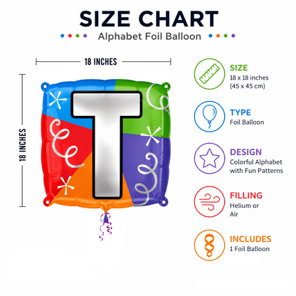 Alphabet "T" Printed Square Shaped Balloon Helium Supported for Birthday Boy/Girl Name Initiatls - 18 inches