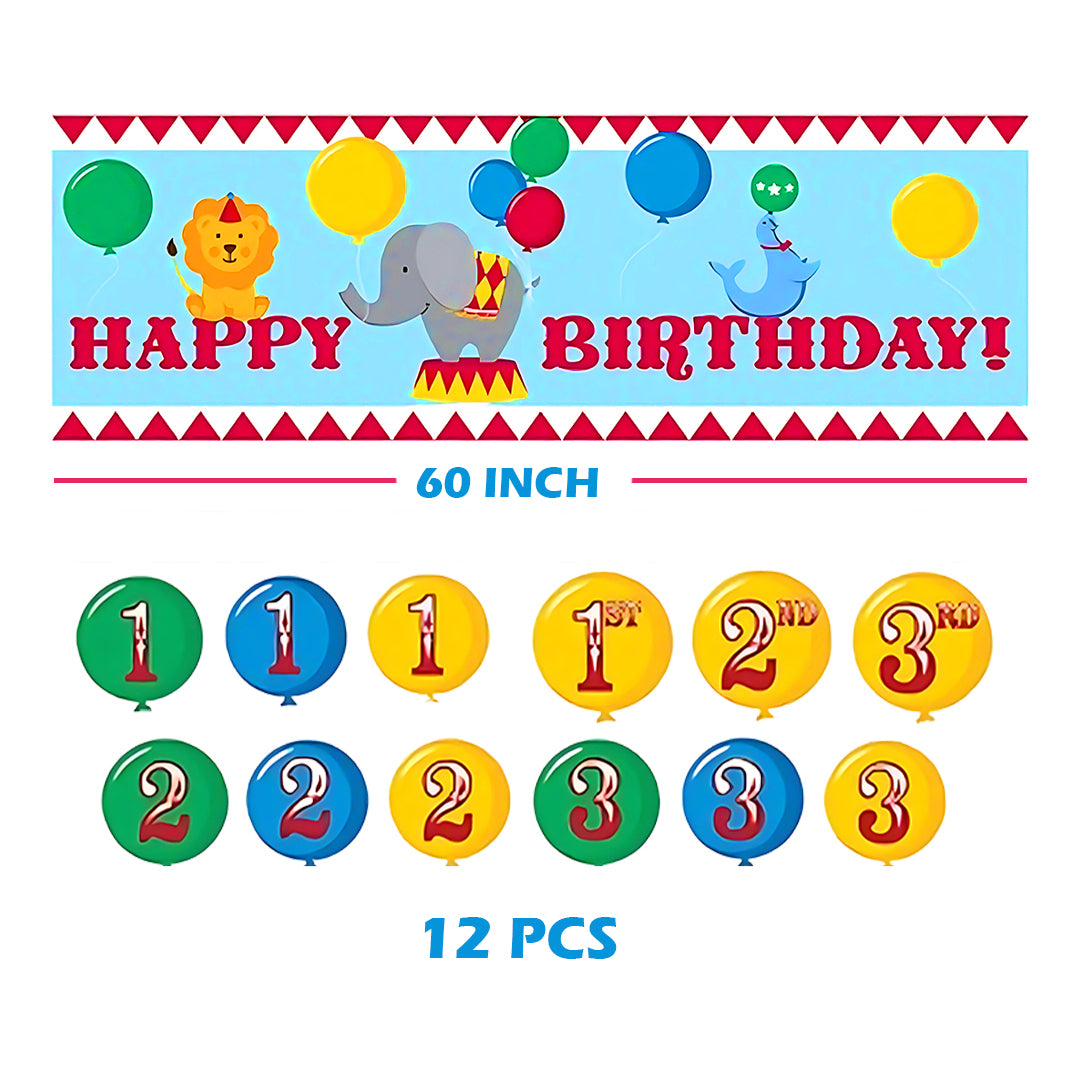 Circus Theme Happy Birthday Party Banner with Stickers - 13PC