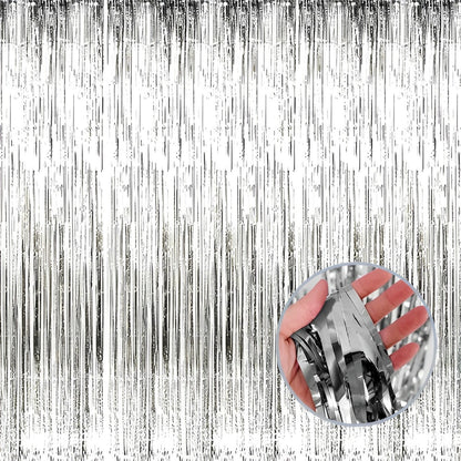 3Pcs Silver Metallic Tinsel Foil Fringe Curtains, 3.28ft x 6.56ft Silver Photo Booth Backdrop Streamer Curtain, Great for Bachelorette, Birthday,Christmas, New Year Party Decorations