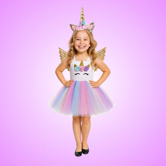 Unicorn Girls Costume w/Hair Band and Wings - Size M - Age 5 to 7