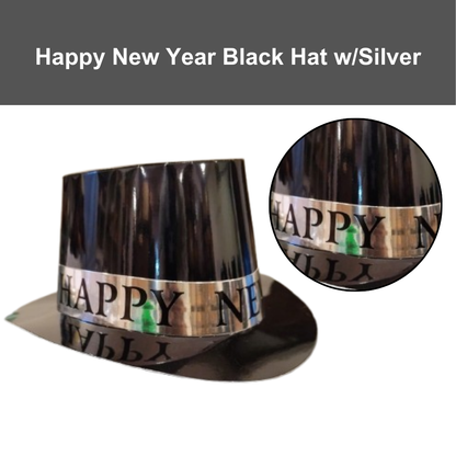 Happy New Year Black Hat w/Silver Text Print - 1PC