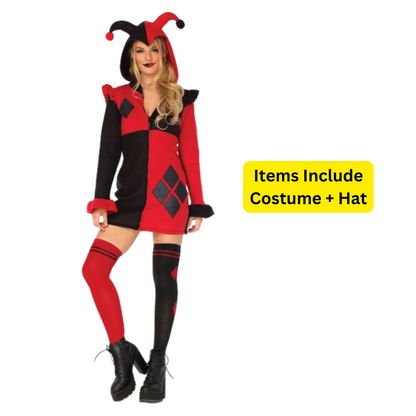 Super Villain Harley Quinn Comic Red & Black Women Costume with Hood