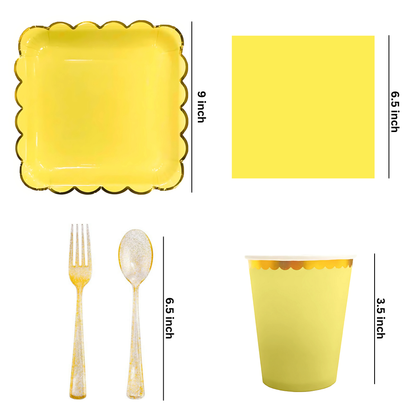 Yellow Party Tableware Combo with Plates, Tissues, Cups, Spoons and Forks - 64PC - Serves Upto 10 Pax