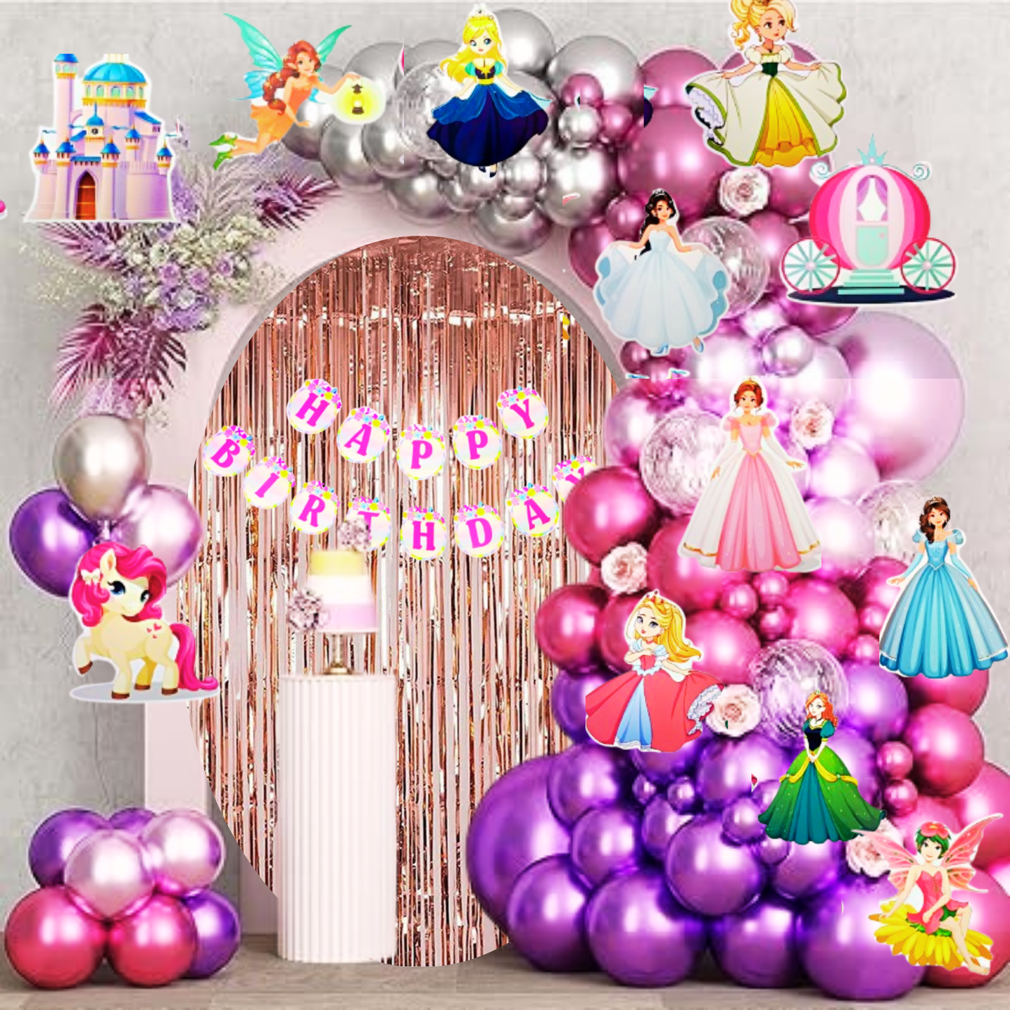 Princess Theme Happy Birthday Balloon Garland & Banner Comobo -  Set of 71PC
