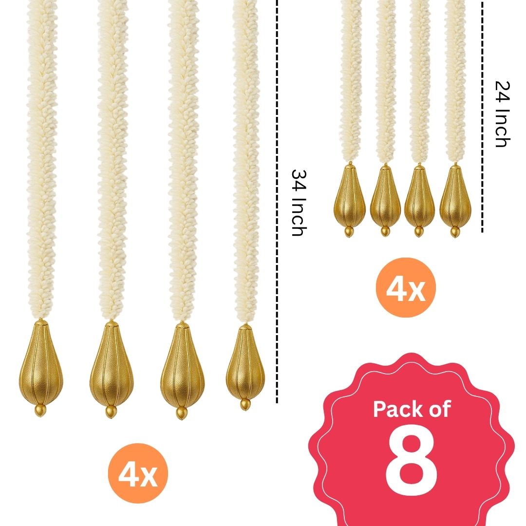Artificial White Mogra Flower Garland Big and Small with Golden Bud -  8PC