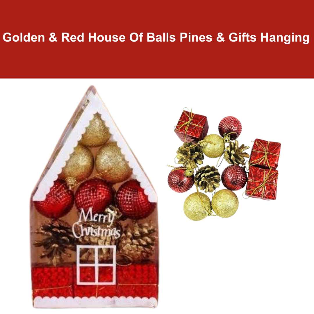 Christmas House Cutout w/ Christmas Golden Sparkly Balls and Gift Decor Combo - 12PC