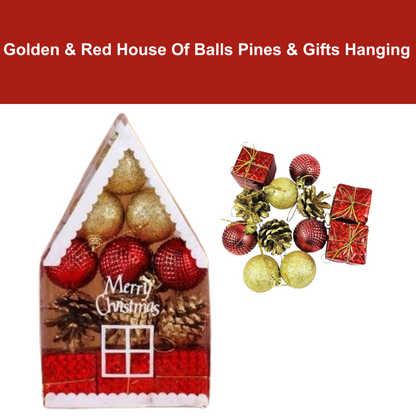 Christmas House Cutout w/ Christmas Golden Sparkly Balls and Gift Decor Combo - 12PC