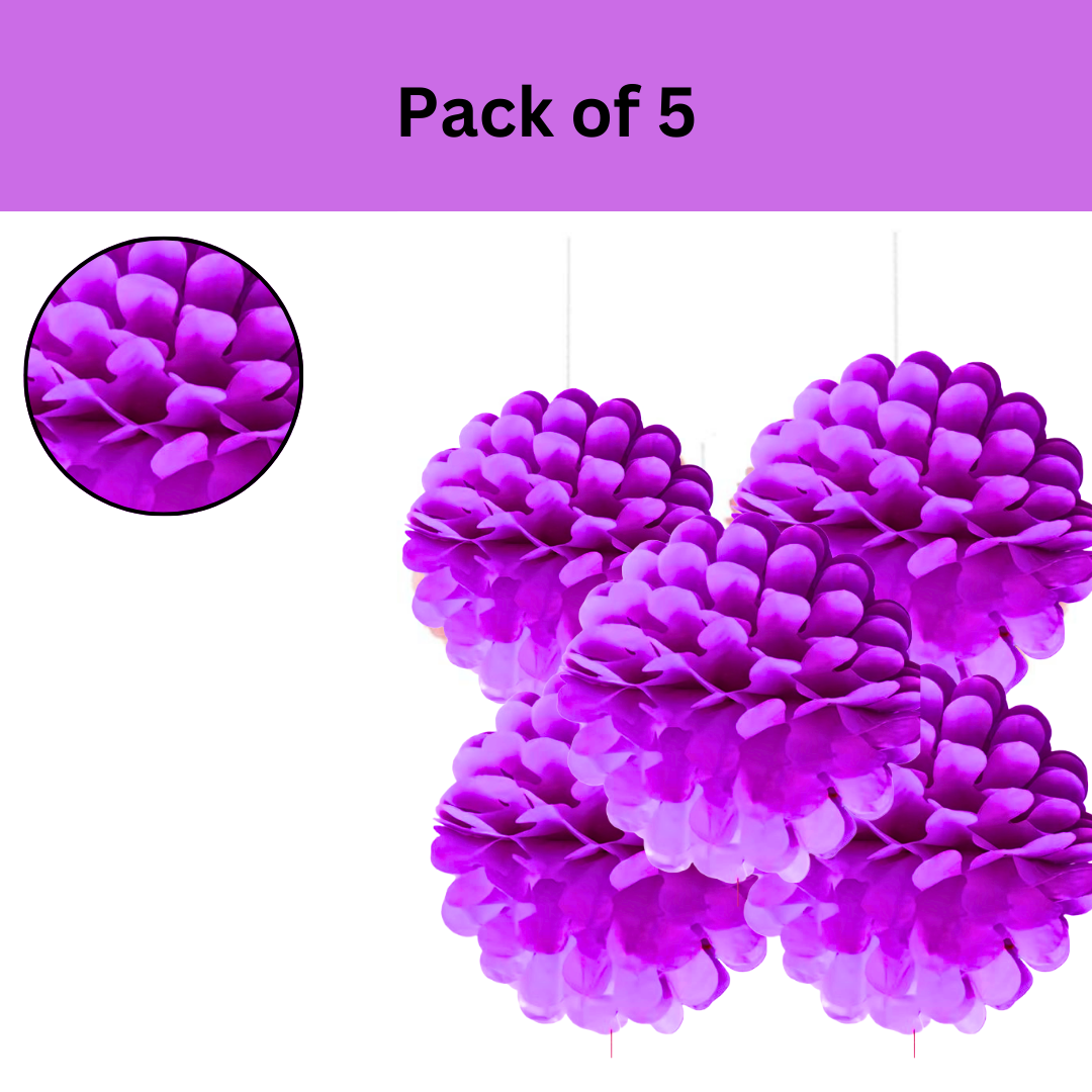 Purple Paper Pom Pom Hangings For Wall Decor -10 Inch -  5PC
