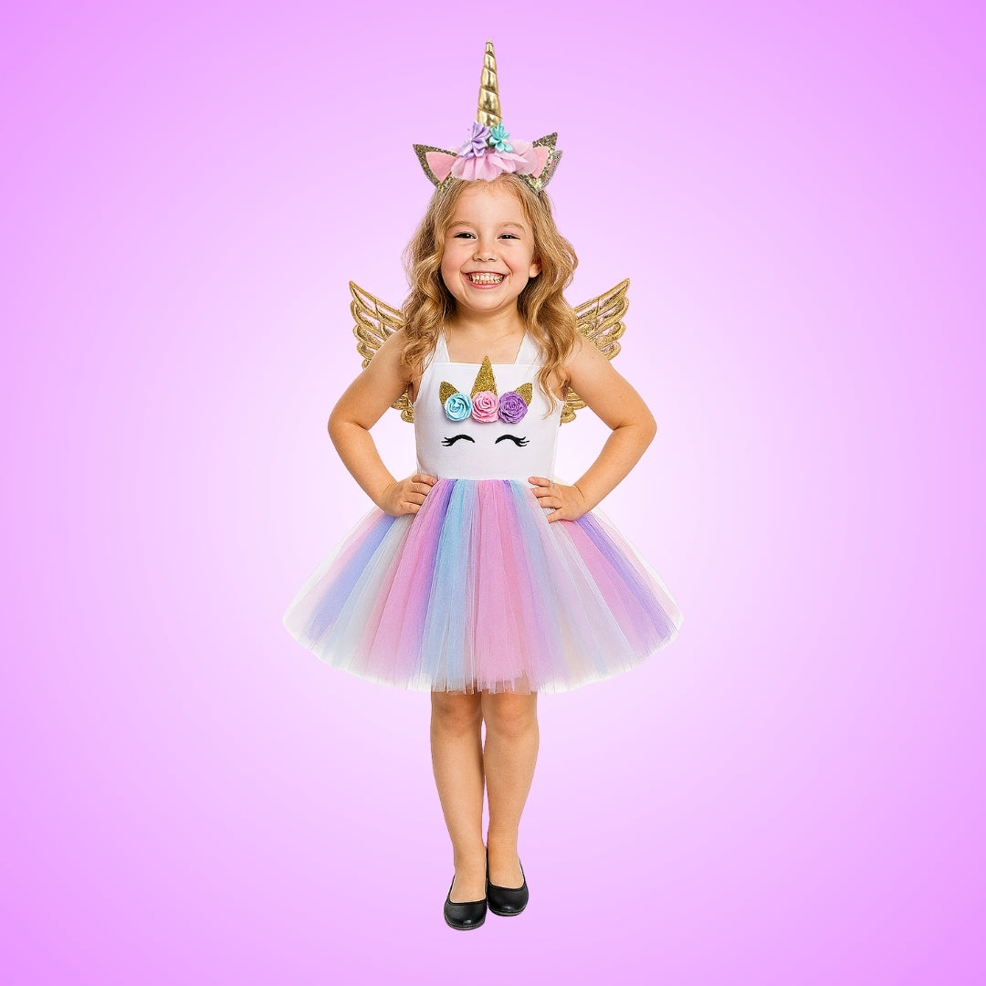 Unicorn Girls Costume w/Hair Band and Wings - Size S - Age 3 to 5