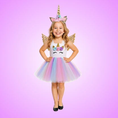 Unicorn Girls Costume w/Hair Band and Wings - Size S - Age 3 to 5