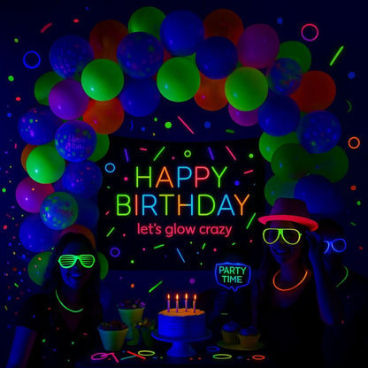 Neon Happy Birthday Banner with Glow in the Dark Balloon Arch Decoration Kit - 80PC