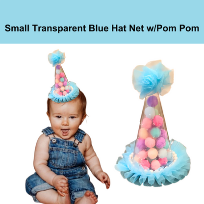 Blue Transparent Party Paper Hat w/ Multicolor Pom Pom - 1PC
