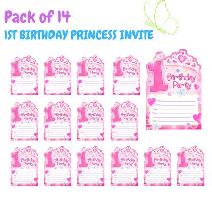 Happy 1st Birthday Princess Pink Invites  - 14PC