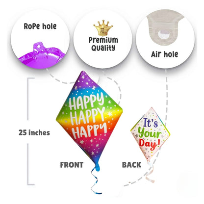 Happy Happy Happy Diamond Shape Foil Ballon - Air Filled  or Helium Quality - 25 inches -1PC