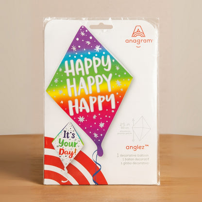 Happy Happy Happy Diamond Shape Foil Ballon - Air Filled  or Helium Quality - 25 inches -1PC