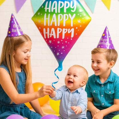 Happy Happy Happy Diamond Shape Foil Ballon - Air Filled  or Helium Quality - 25 inches -1PC
