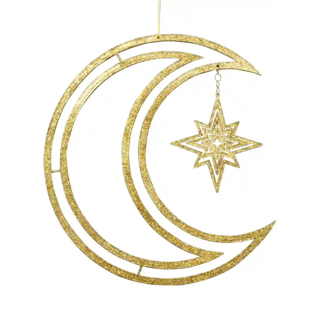 3D Moon & Star Hanging Decoration Golden- 1PC